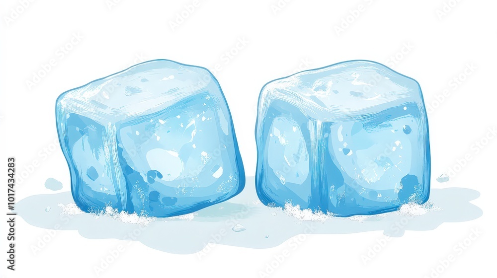 Two ice cubes melting on a white background illustration Two ice cubes melting on a white background illustration
