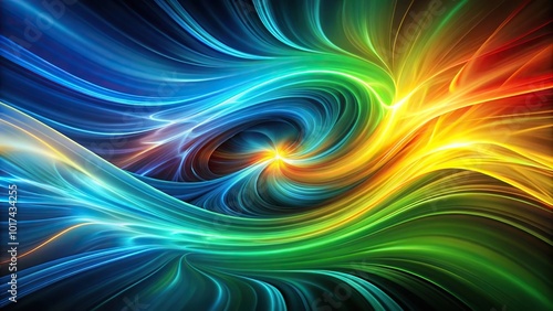 Asymmetrical dynamic energy flow abstract blue and green swirls with yellow and red accents