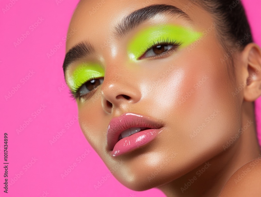 Vibrant Close-Up of Young Woman with Bold Lime Green Eyeshadow Against Minimalistic Pink Background for Modern Beauty Trends Vibrant Close-Up of Young Woman with Bold Lime Green Eyeshadow Against Minimalistic Pink Background for Modern Beauty Trends