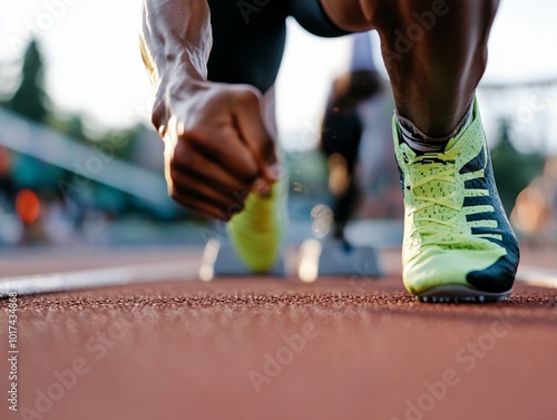 Close-up of an athlete's hand and foot on a starting block, ready to race.