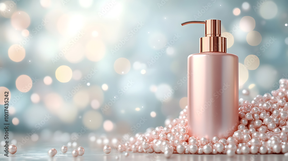 A luxurious pink bottle with a gold pump sits atop a pile of pearls. The bottle is set against a soft, blurred background, suggesting a high-end beauty product. A luxurious pink bottle with a gold pump sits atop a pile of pearls. The bottle is set against a soft, blurred background, suggesting a high-end beauty product.
