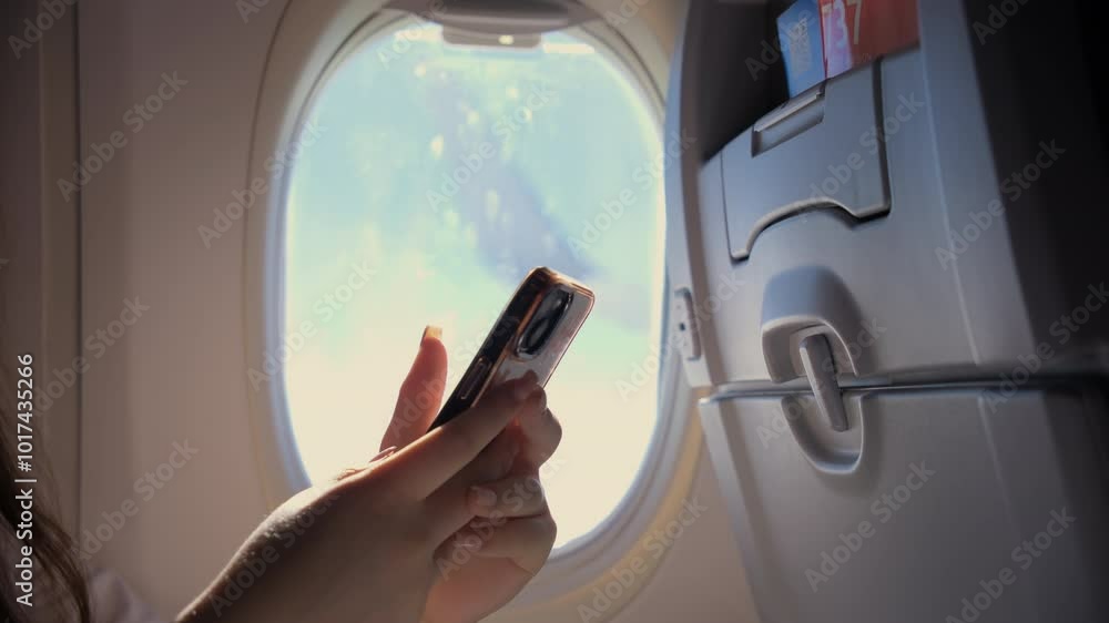 A young woman sits in an airplane and hold phone. Close up shot A young woman sits in an airplane and hold phone. Close up shot