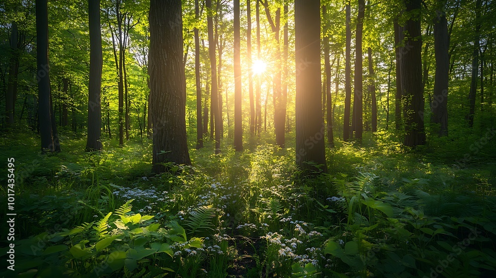 Obraz premium forest with tall trees and sunlight filtering through the leaves, creating a serene and peaceful atmosphere, with ferns and wildflowers scattered across the forest floor 