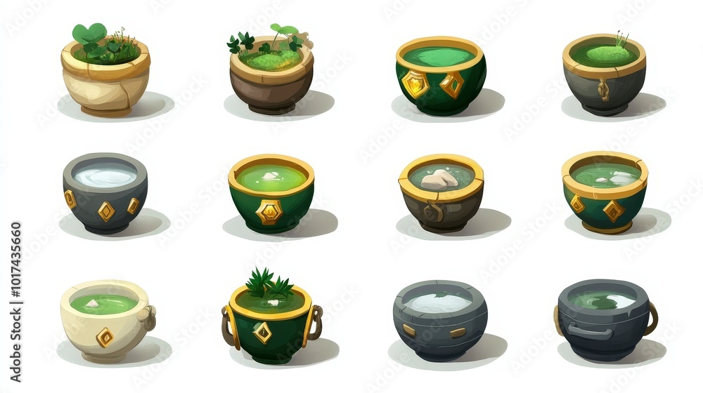 Twelve pots of greenery in assorted styles and colors on display Twelve pots of greenery in assorted styles and colors on display
