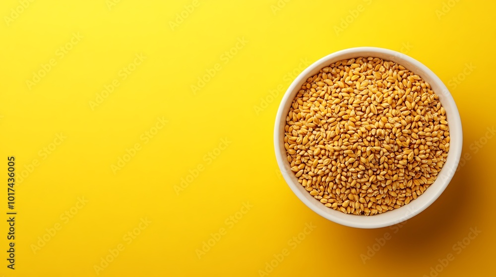 A white bowl filled with yellow millet grains against a yellow background. A white bowl filled with yellow millet grains against a yellow background.