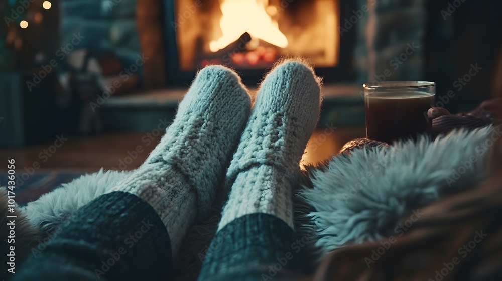 Cozy Winter Evening by the Fireplace with Warm Socks and a Drink Cozy Winter Evening by the Fireplace with Warm Socks and a Drink