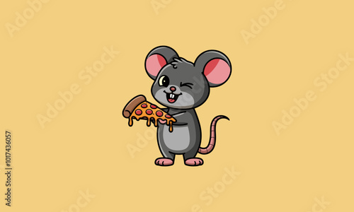 Cartoon mouse winking while holding a slice of pizza.