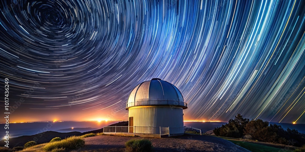 Obraz premium Astronomical observatory under star trails sky at night