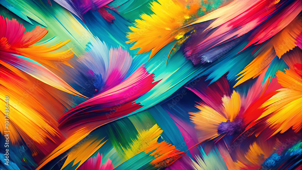 Vibrant layers of colorful paint strokes create dynamic and energetic abstract composition, showcasing blend of bright hues and fluid movement Vibrant layers of colorful paint strokes create dynamic and energetic abstract composition, showcasing blend of bright hues and fluid movement