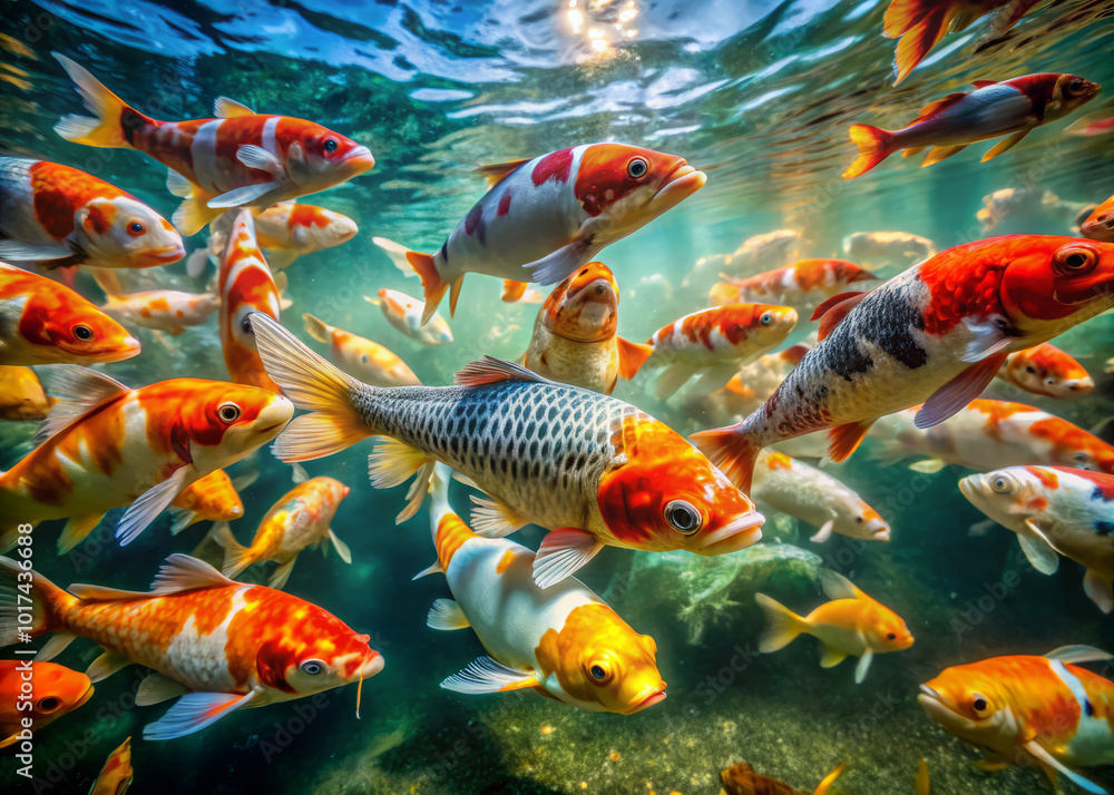 Naklejka premium Vibrant koi fish swim gracefully underwater, creating mesmerizing scene filled with color and movement. Their lively patterns and shimmering scales enhance beauty of aquatic environment