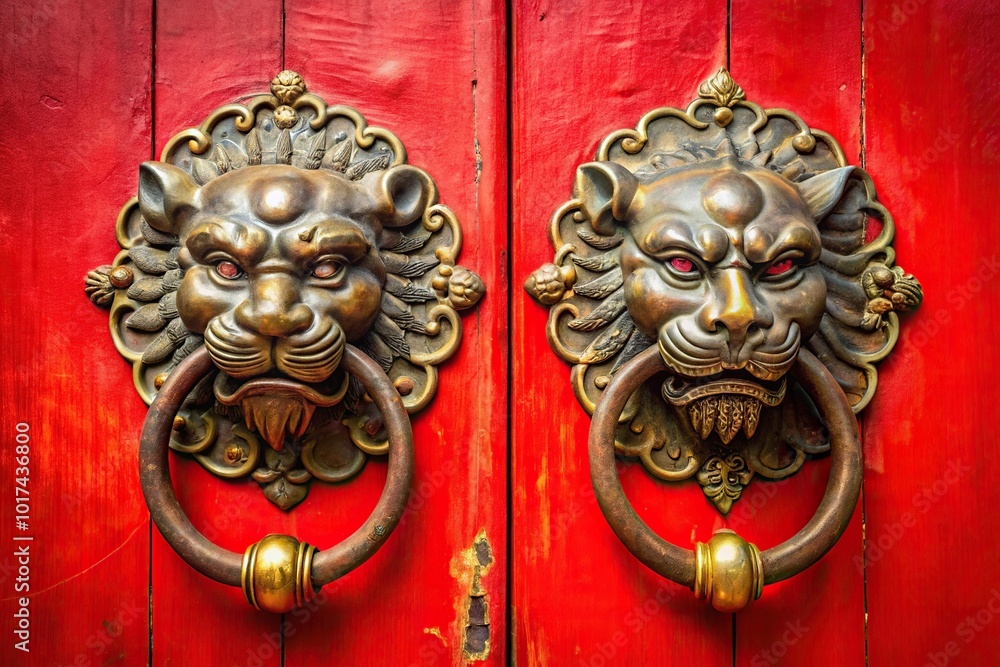 Asian lion door knockers on red background Asian lion door knockers on red background