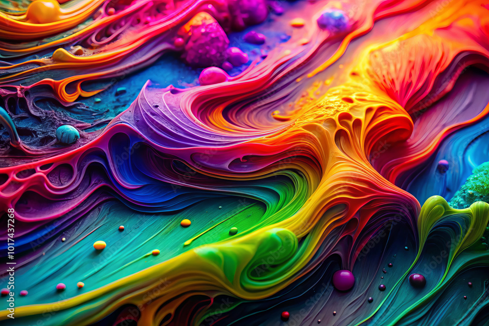 Naklejka premium Dynamic abstract artwork featuring vibrant layers of thick paint in spectrum of colors, creating mesmerizing flow and texture. vivid hues evoke sense of energy and creativity