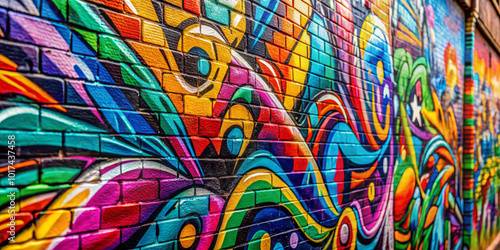 Vibrant graffiti wall texture showcasing colorful swirls and patterns, creating energetic and lively atmosphere. This artwork adds dynamic touch to any urban setting