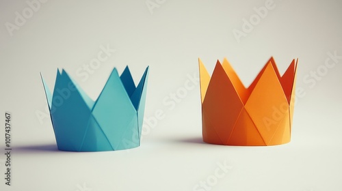 Two origami paper crowns in blue and orange on white background