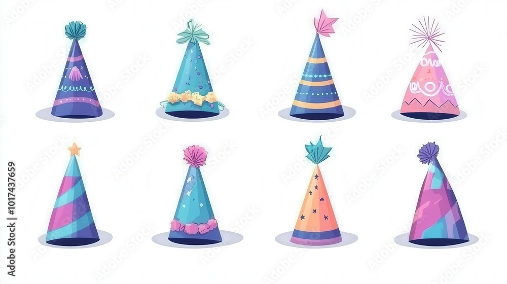 Colorful collection of festive party hats in various designs and styles Colorful collection of festive party hats in various designs and styles