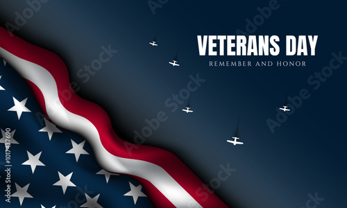 Veterans Day Poster Design with American flag and aircraft illustration on blue background.