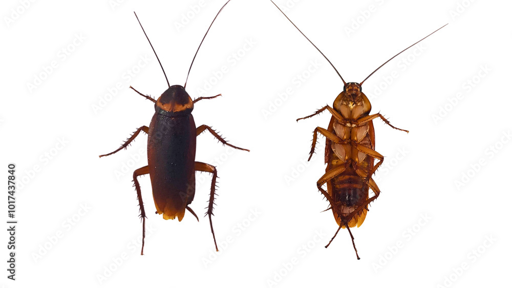 American cockroach (Periplaneta americana), adult, large (3-4 cm), reddish-brown, on a white background.
American cockroach (Periplaneta americana), adult, large (3-4 cm), reddish-brown, on a white background.