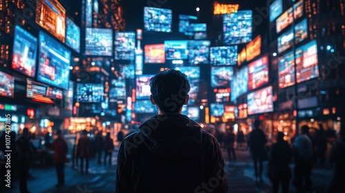 A lone man stands in the middle of a bustling city street, surrounded by brightly lit billboards and advertisements, looking up at the flashing lights.