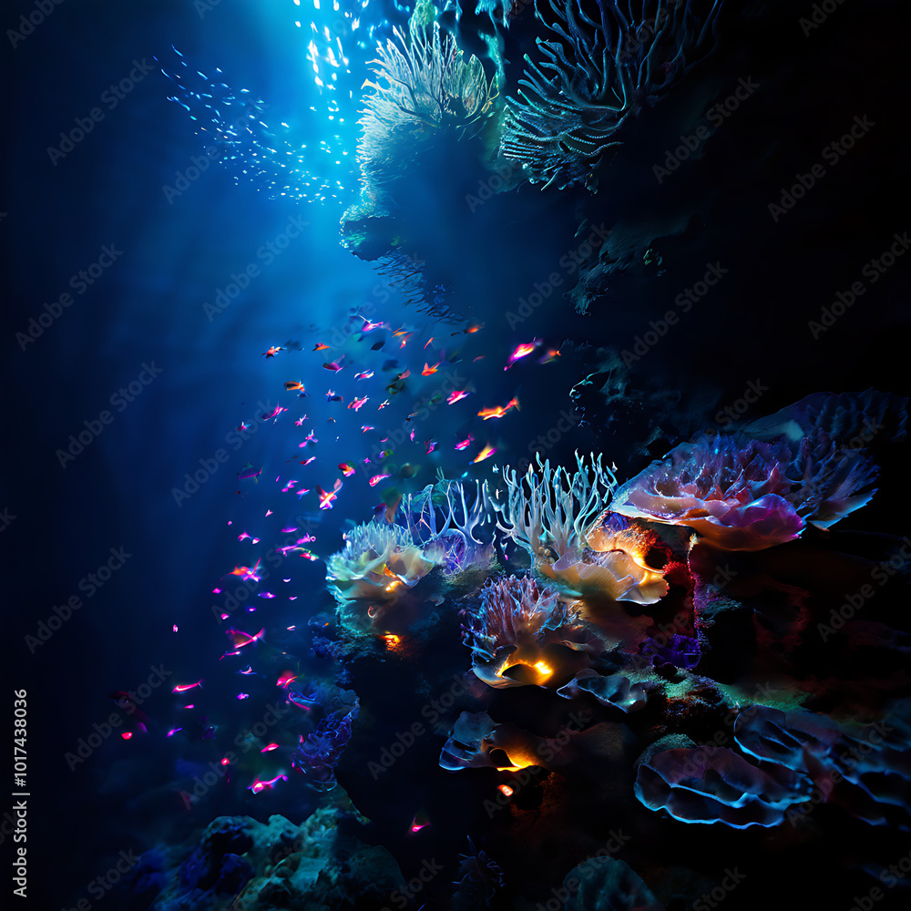 Bioluminescent reef & fish light up the abyss. Ethereal & otherworldly.
