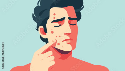 A vector illustration portrays a young man's face with acne problem skin care solution