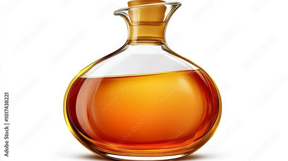 Elegant glass decanter filled with golden liquid on white background Elegant glass decanter filled with golden liquid on white background