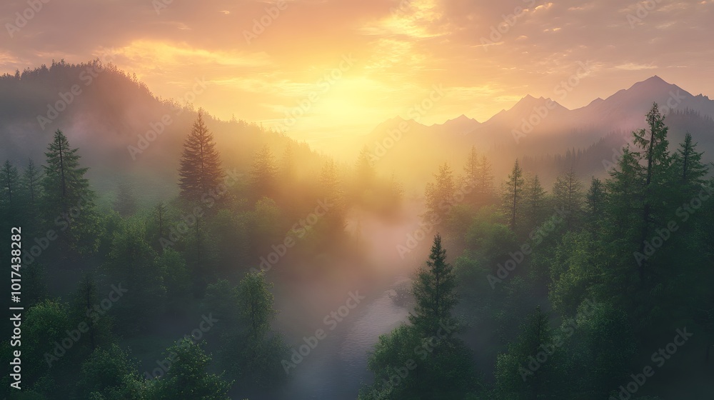 Dramatic Sunrise Over Lush Forest Landscape Dramatic Sunrise Over Lush Forest Landscape