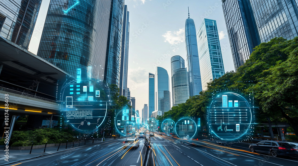 Obraz premium Futuristic smart city with digital data overlays on busy streets