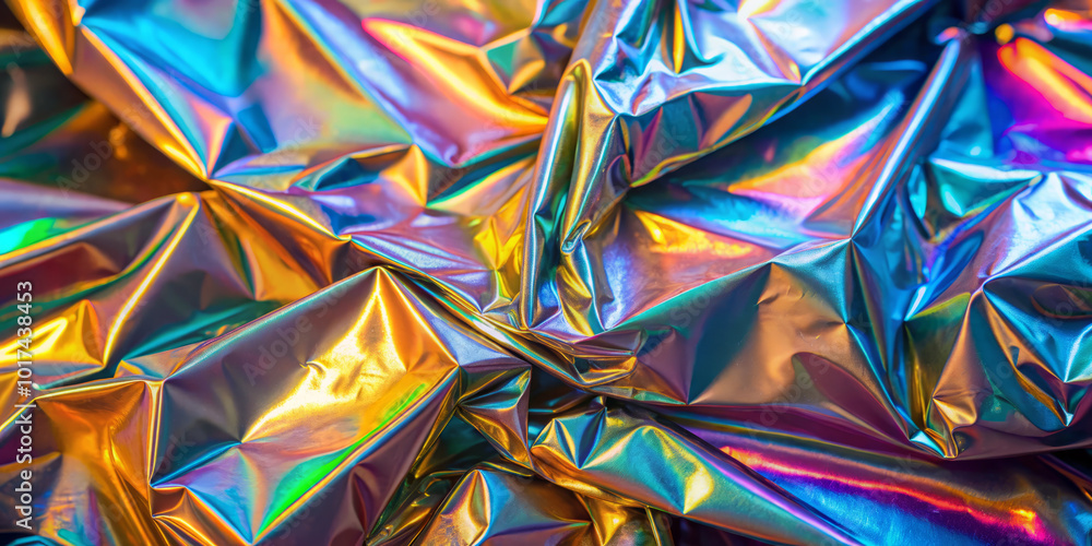 Shimmering metallic foil texture with vibrant holographic colors creates stunning visual effect. interplay of light and color adds depth and intrigue to surface Shimmering metallic foil texture with vibrant holographic colors creates stunning visual effect. interplay of light and color adds depth and intrigue to surface
