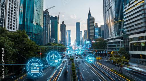 Futuristic city with smart technology icons overlaying busy streets and modern skyscrapers photo