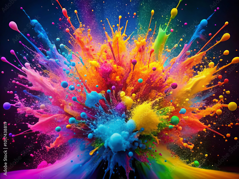 Vibrant paint splashes create dynamic explosion of color, showcasing bright hues of pink, blue, yellow, and green against dark background. This energetic display evokes creativity and excitement Vibrant paint splashes create dynamic explosion of color, showcasing bright hues of pink, blue, yellow, and green against dark background. This energetic display evokes creativity and excitement