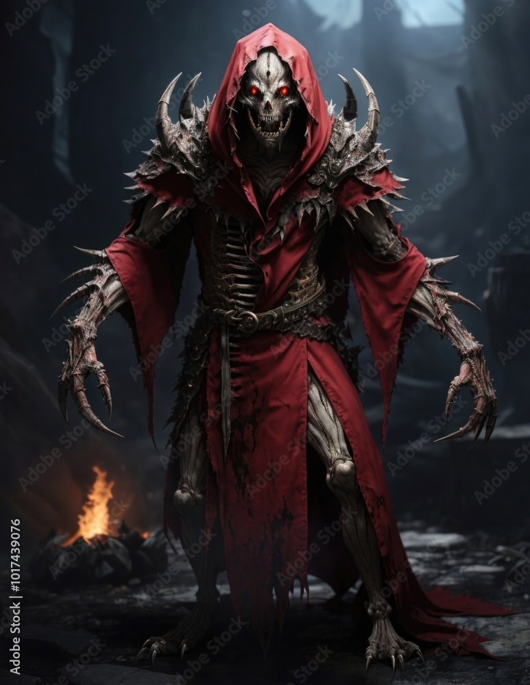 Dark Fantasy Skeletal Demon in Red Robe - Digital Art Dark Fantasy Skeletal Demon in Red Robe - Digital Art