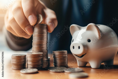 Person inserting coins into a piggy bank on a wooden table with a bright background.