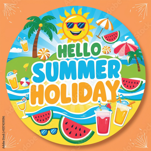 Vibrant Summer Holiday Illustration with Sun, Palm Trees, Watermelon, and Refreshing Drinks