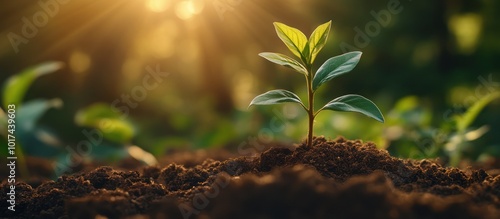 A single green sprout growing in rich soil with a blurred background of trees and sunlight. photo