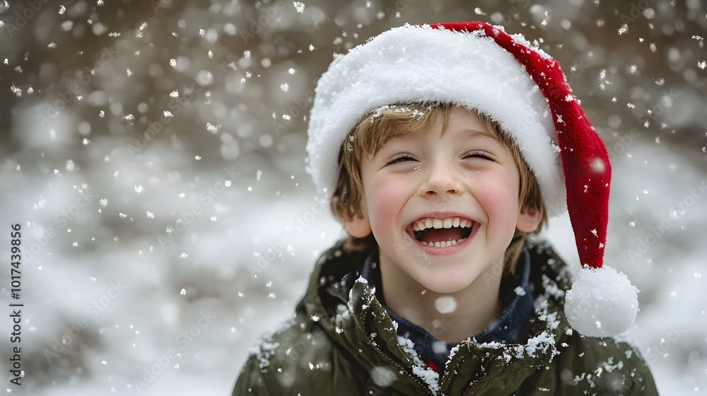 Joyful Boy in Santa Hat Smiling in Snow Joyful Boy in Santa Hat Smiling in Snow