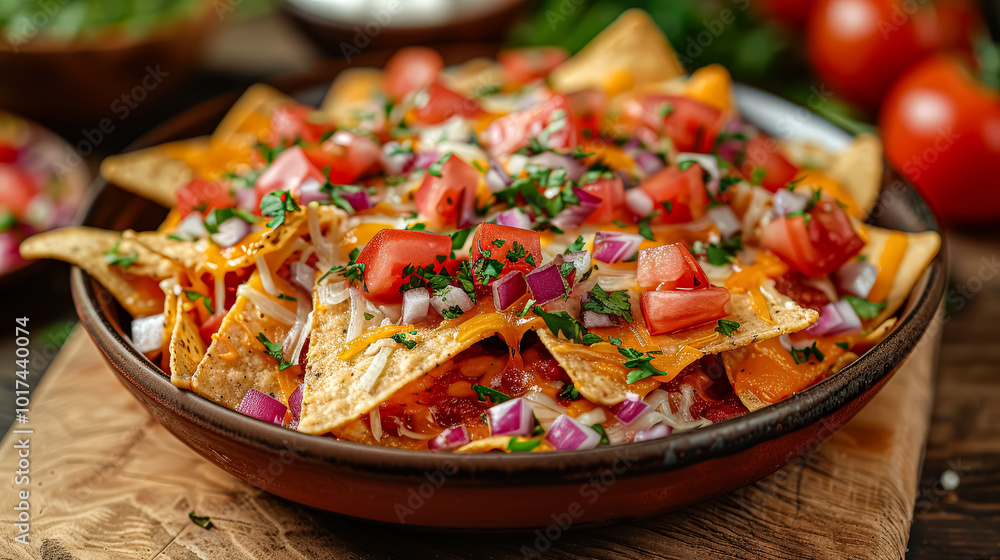 Plate of nachos with tomatoes, onions, and cheese. Plate of nachos with tomatoes, onions, and cheese.