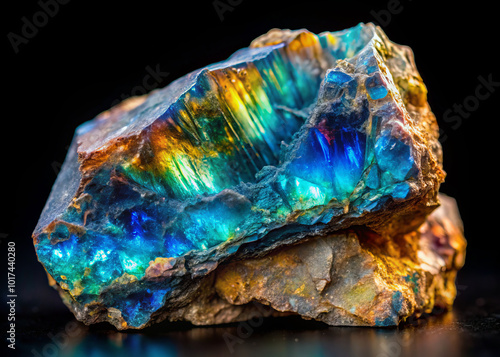 Luminous spectrolite feldspar showcases vibrant colors and intricate patterns, captivating with its stunning iridescence and unique geological features photo