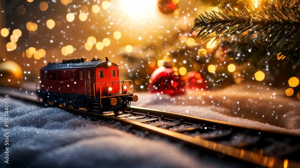 A charming red toy train travels through a snowy winter landscape adorned with twinkling lights and Christmas ornaments, symbolizing the magic and joy of the holiday season. A charming red toy train travels through a snowy winter landscape adorned with twinkling lights and Christmas ornaments, symbolizing the magic and joy of the holiday season.