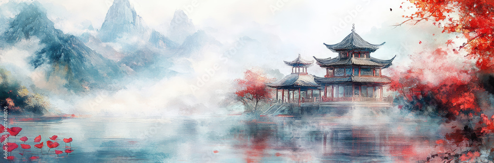 Serene landscape with a Chinese background, featuring lotus flowers and leaves, pavilions and towers in the distance, with a watercolor painting effect. Serene landscape with a Chinese background, featuring lotus flowers and leaves, pavilions and towers in the distance, with a watercolor painting effect.