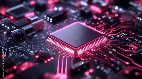 A close-up shot of a futuristic circuit board with a central processor chip, illuminated with vibrant red and pink glowing lights, symbolizing technological advancement, innovation, data processing, a