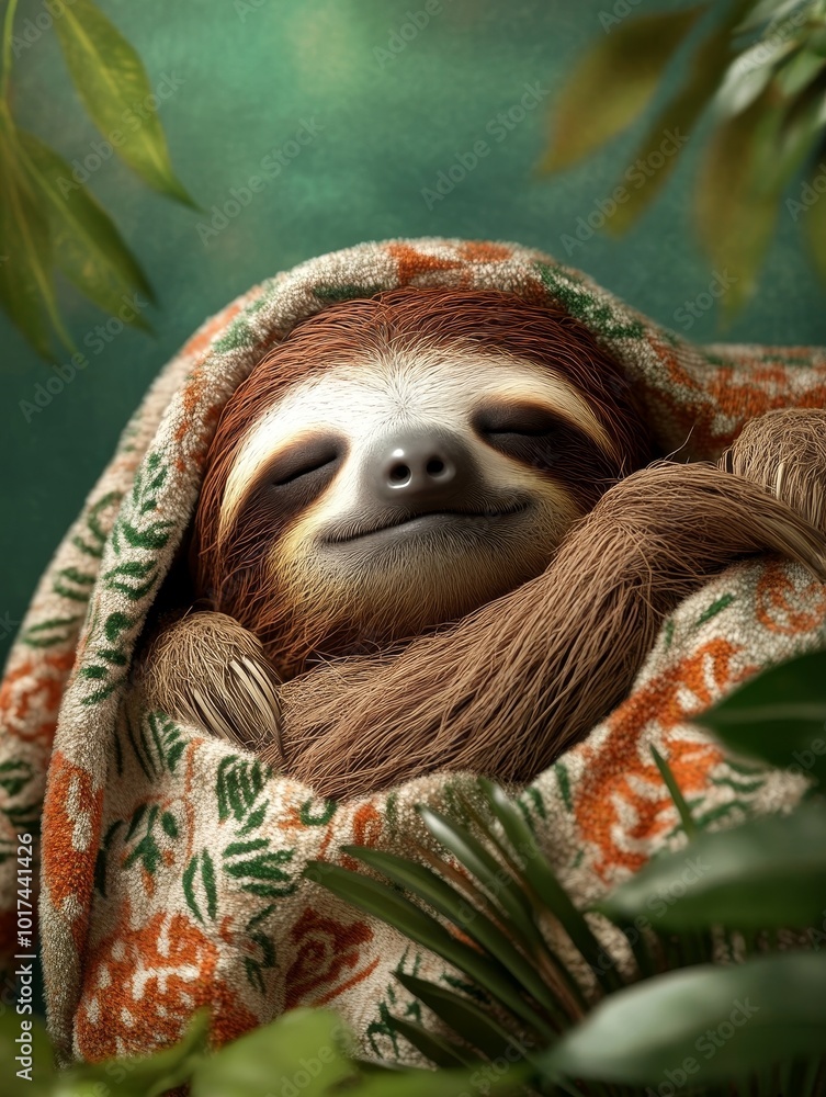 Fototapeta premium A cute sloth snuggles peacefully in a soft blanket, enjoying a restful sleep surrounded by lush green foliage. This image embodies relaxation, tranquility, and the joy of simple pleasures.
