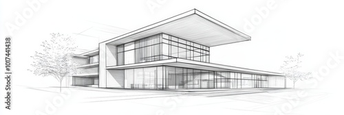 A detailed pencil sketch of a modern building design featuring sleek lines, large windows, and a minimalist aesthetic. The sketch showcases innovative architectural concepts and a contemporary style. photo