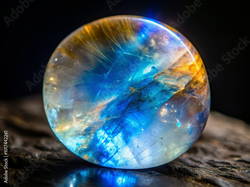 stunning macro shot of rainbow moonstone, showcasing its vibrant adularescence and captivating colors. interplay of light creates mesmerizing effect, highlighting stones unique beauty photo