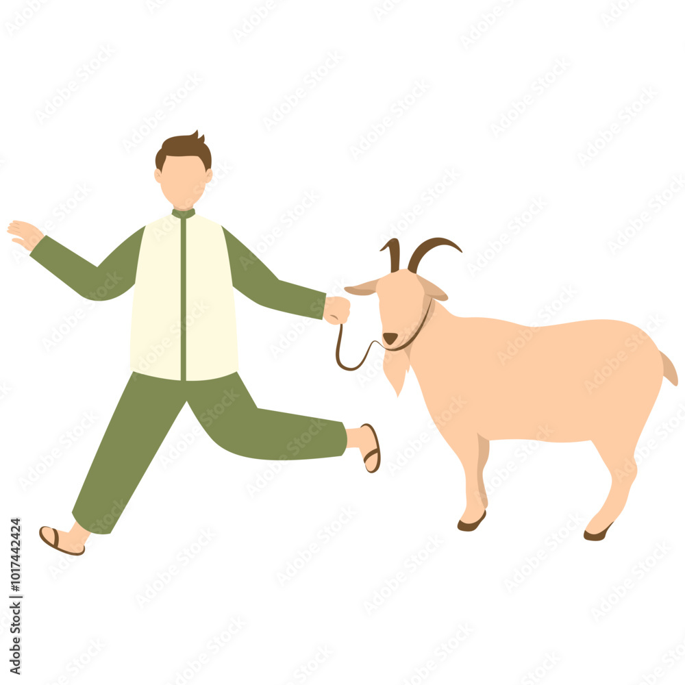 Eid Al Adha Cute Cartoon Character on White Background. with Sacrificial Animal. Isolated Illustration Eid Al Adha Cute Cartoon Character on White Background. with Sacrificial Animal. Isolated Illustration
