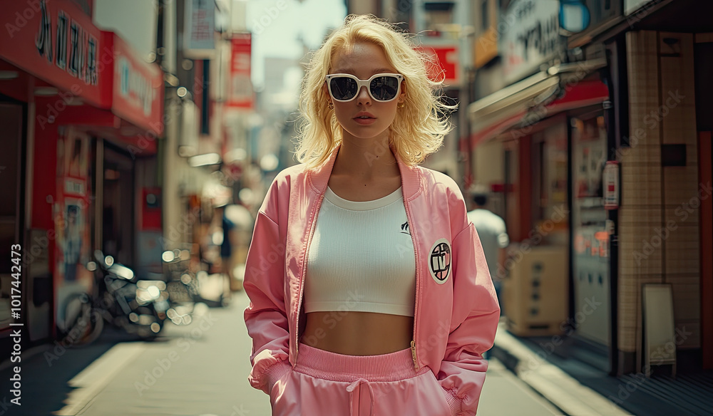 a blonde woman in a pink tracksuit and white top walking down a street in Tokyo, a full-body shot a blonde woman in a pink tracksuit and white top walking down a street in Tokyo, a full-body shot