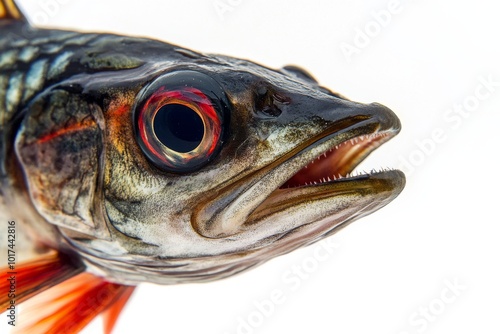 Mystic portrait of Blackfin Barracuda in studio, copy space on right side, Close-up View, isolated on white background photo