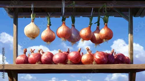 A pile of fresh red and white onions, perfect for any farmstand or kitchen. These onions are reminiscent of the classic video game, Stardew Valley. photo