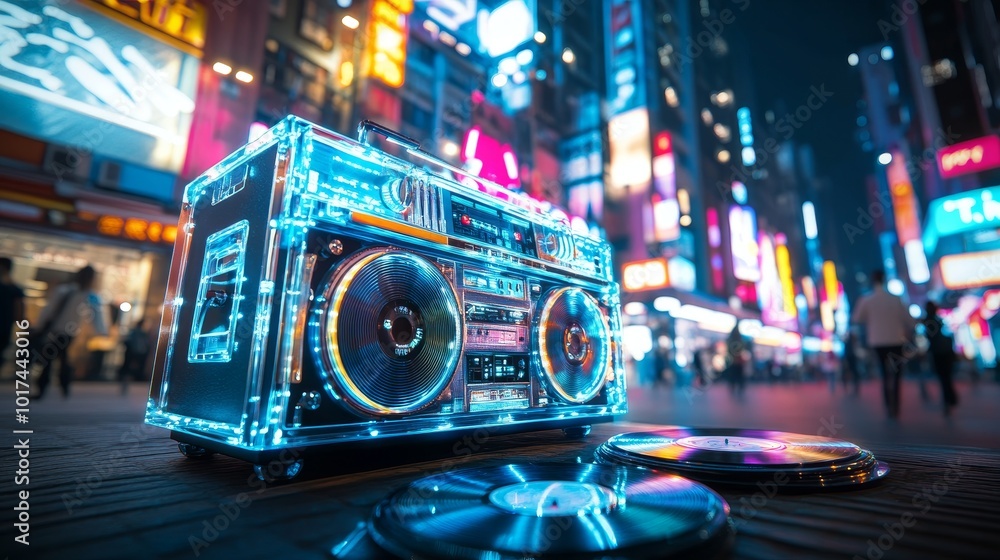 Fototapeta premium A retro boombox bathed in vibrant neon light sits on a city street at night, evoking a sense of urban nostalgia and a vibrant music scene.