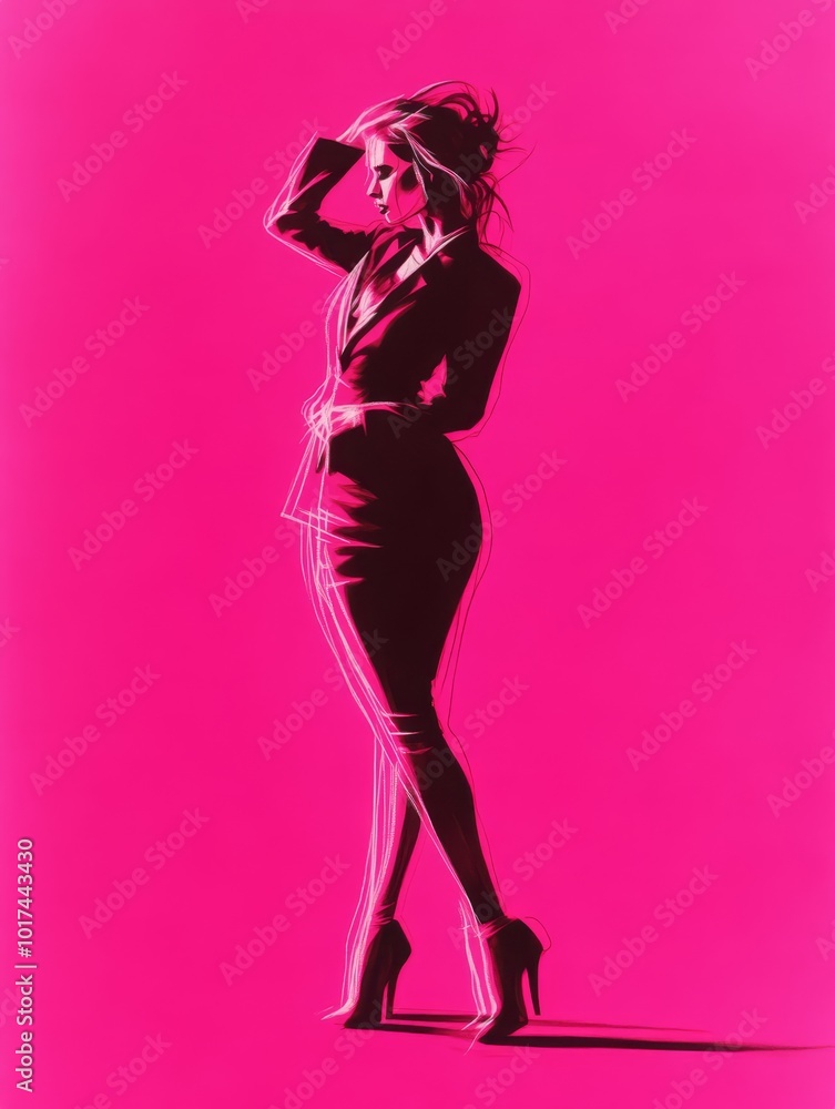 A single-line pencil drawing of a confident businesswoman in a pink world, symbolizing power, ambition, style, elegance, and success. A single-line pencil drawing of a confident businesswoman in a pink world, symbolizing power, ambition, style, elegance, and success.
