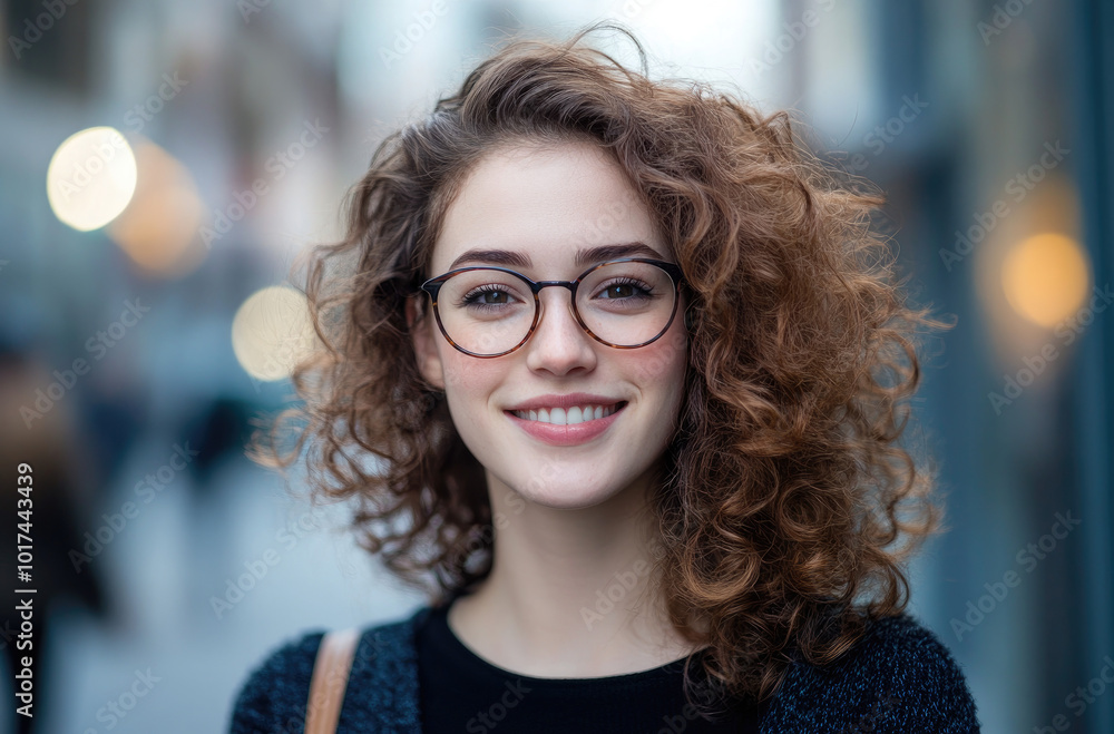Portrait of a smiling young woman with glasses and curly hair standing on a street. Portrait of a smiling young woman with glasses and curly hair standing on a street.